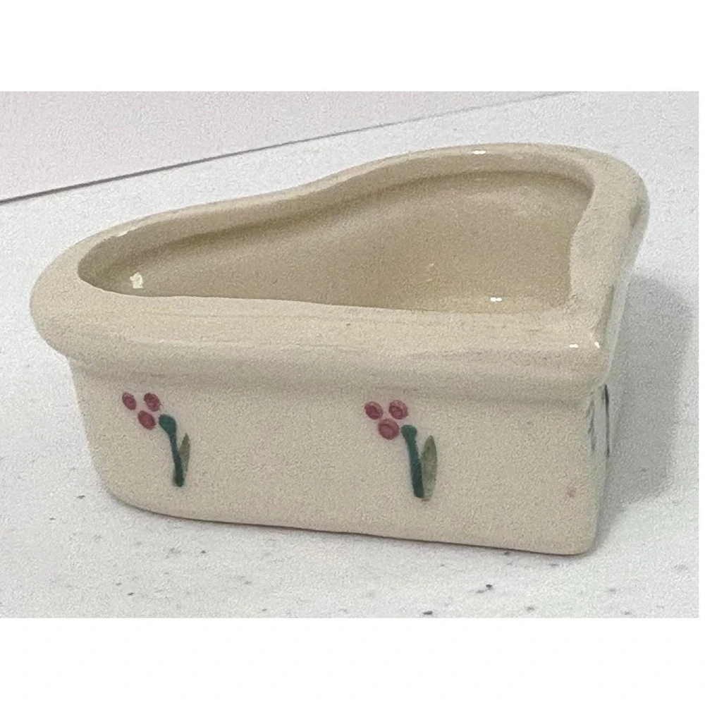 Hartstone Pottery Heart Shaped Ramekin Trinket Dish Sprig Berry Hand Painted USA